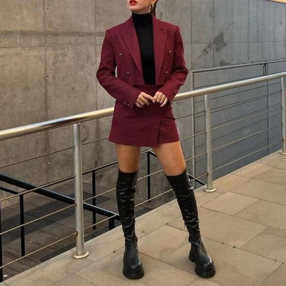 Zara Houndstooth Cropped Blazer Jacket Shoulder Pad Double Breasted Plaid - Picture 13 of 13